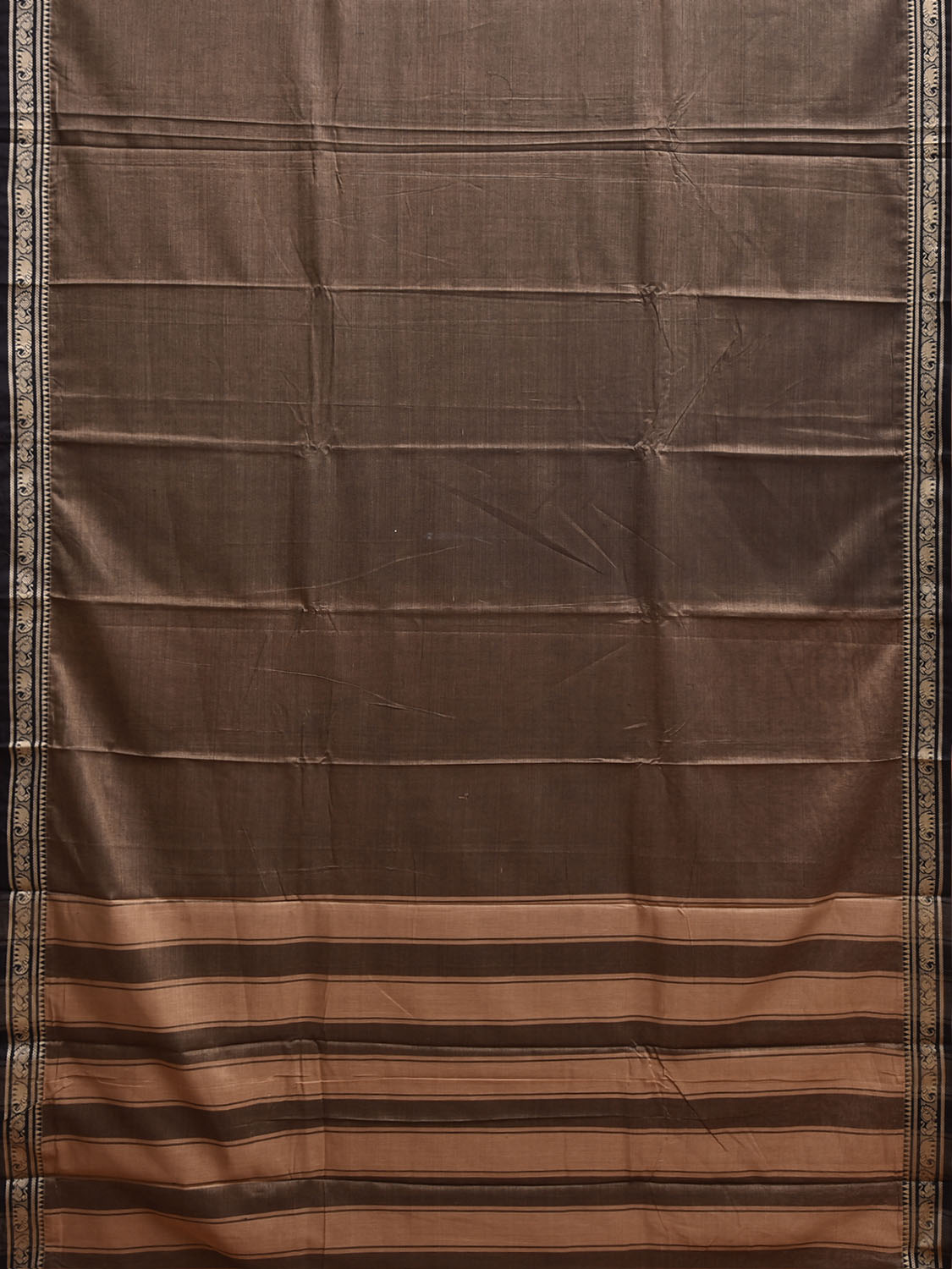 Khaki and Cream Narayanpet Cotton Plain Saree with Strips Pallu Design No Blouse np1488