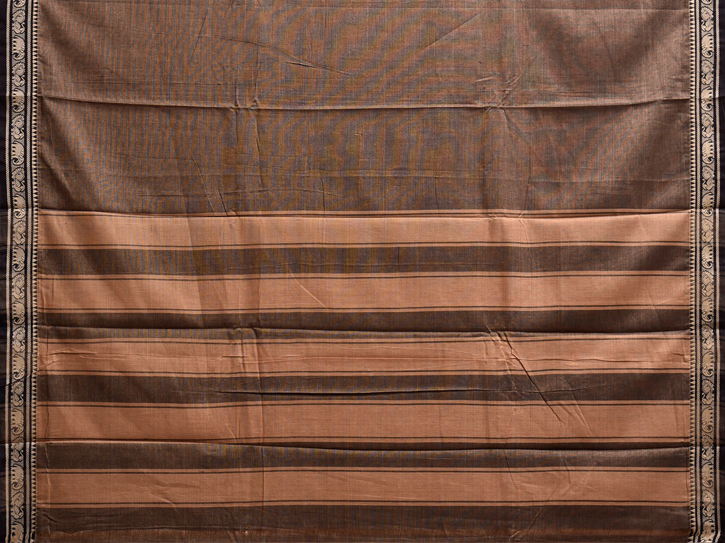 Khaki and Cream Narayanpet Cotton Plain Saree with Strips Pallu Design No Blouse np1488