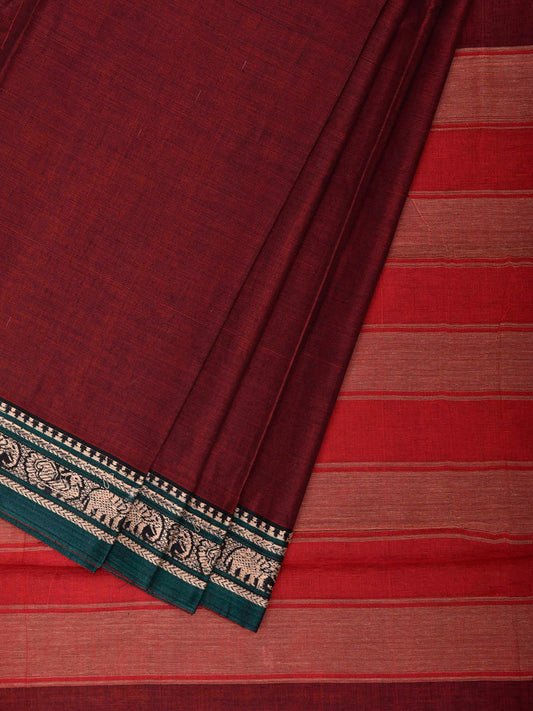 Maroon and Red Narayanpet Cotton Plain Saree with Strips Pallu Design No Blouse np1489