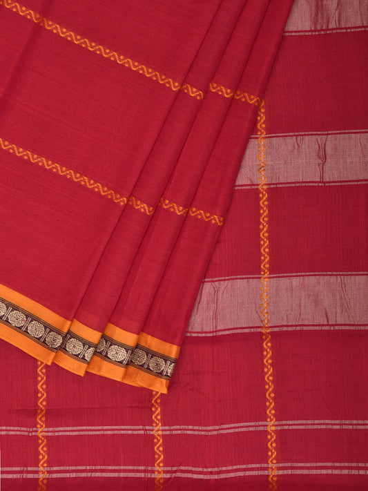 Red Narayanpet Cotton Saree with Strips Design No Blouse np1490