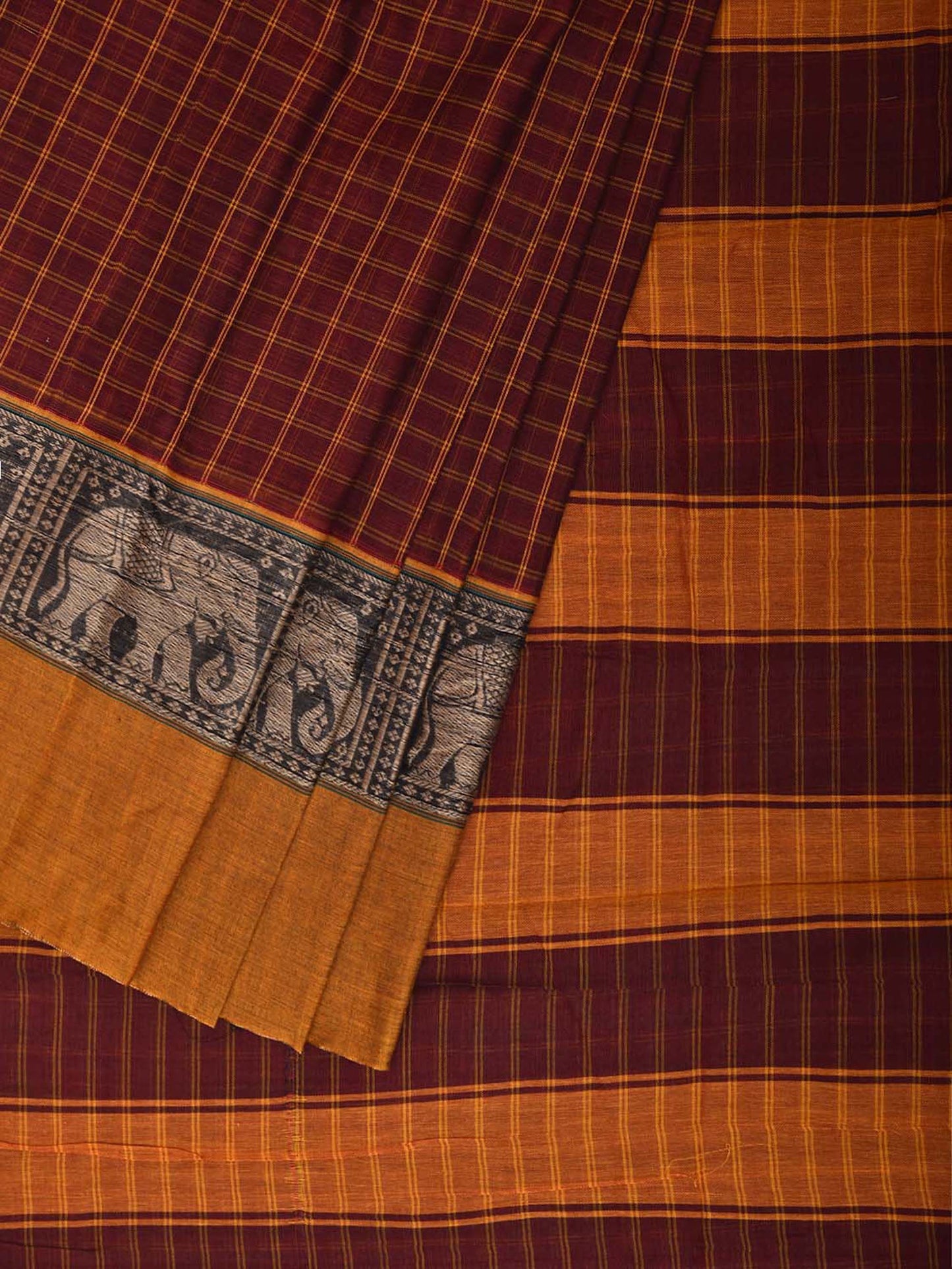 Brown and Yellow Narayanpet Cotton Saree with Checks and Elephant Border Design No Blouse np1493