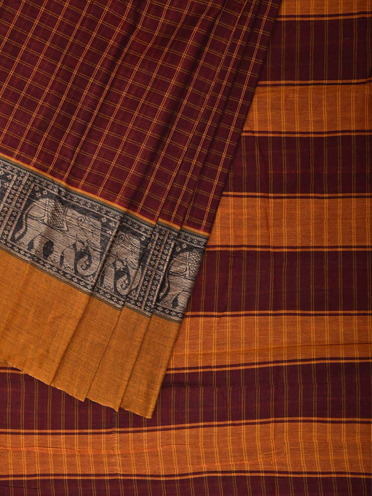 Brown and Yellow Narayanpet Cotton Saree with Checks and Elephant Border Design No Blouse np1493
