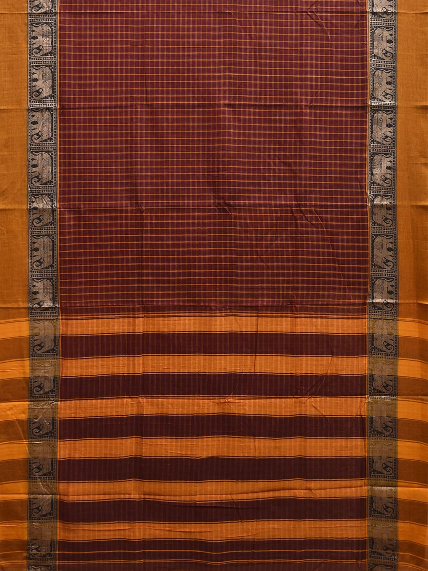 Brown and Yellow Narayanpet Cotton Saree with Checks and Elephant Border Design No Blouse np1493