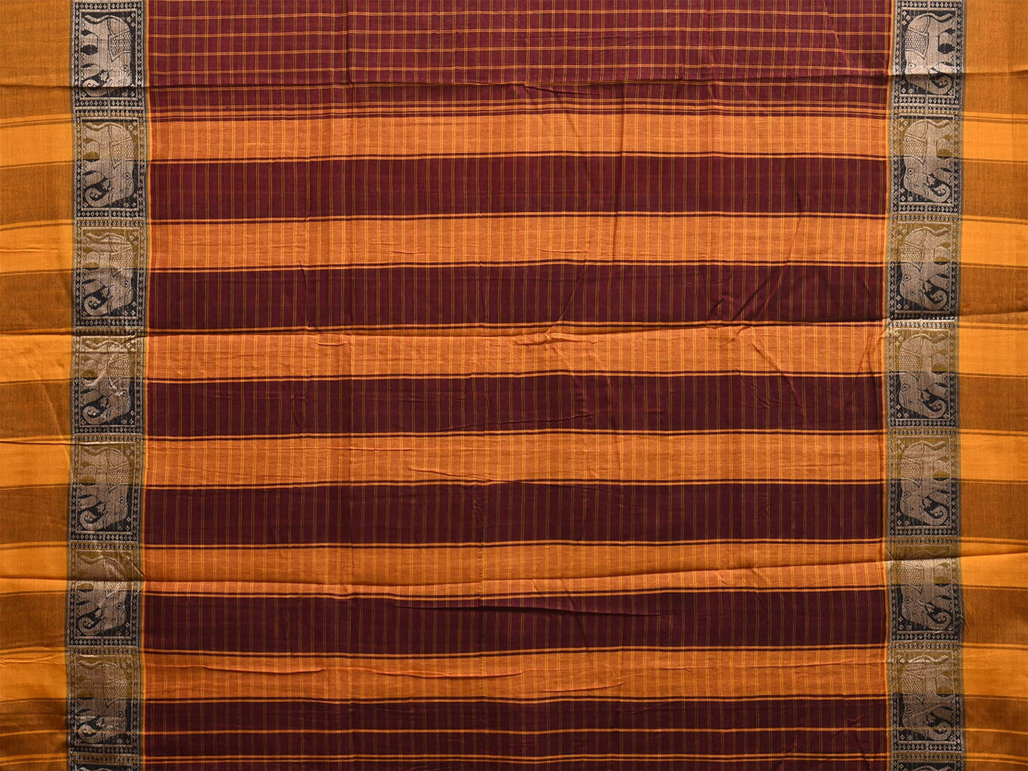 Brown and Yellow Narayanpet Cotton Saree with Checks and Elephant Border Design No Blouse np1493