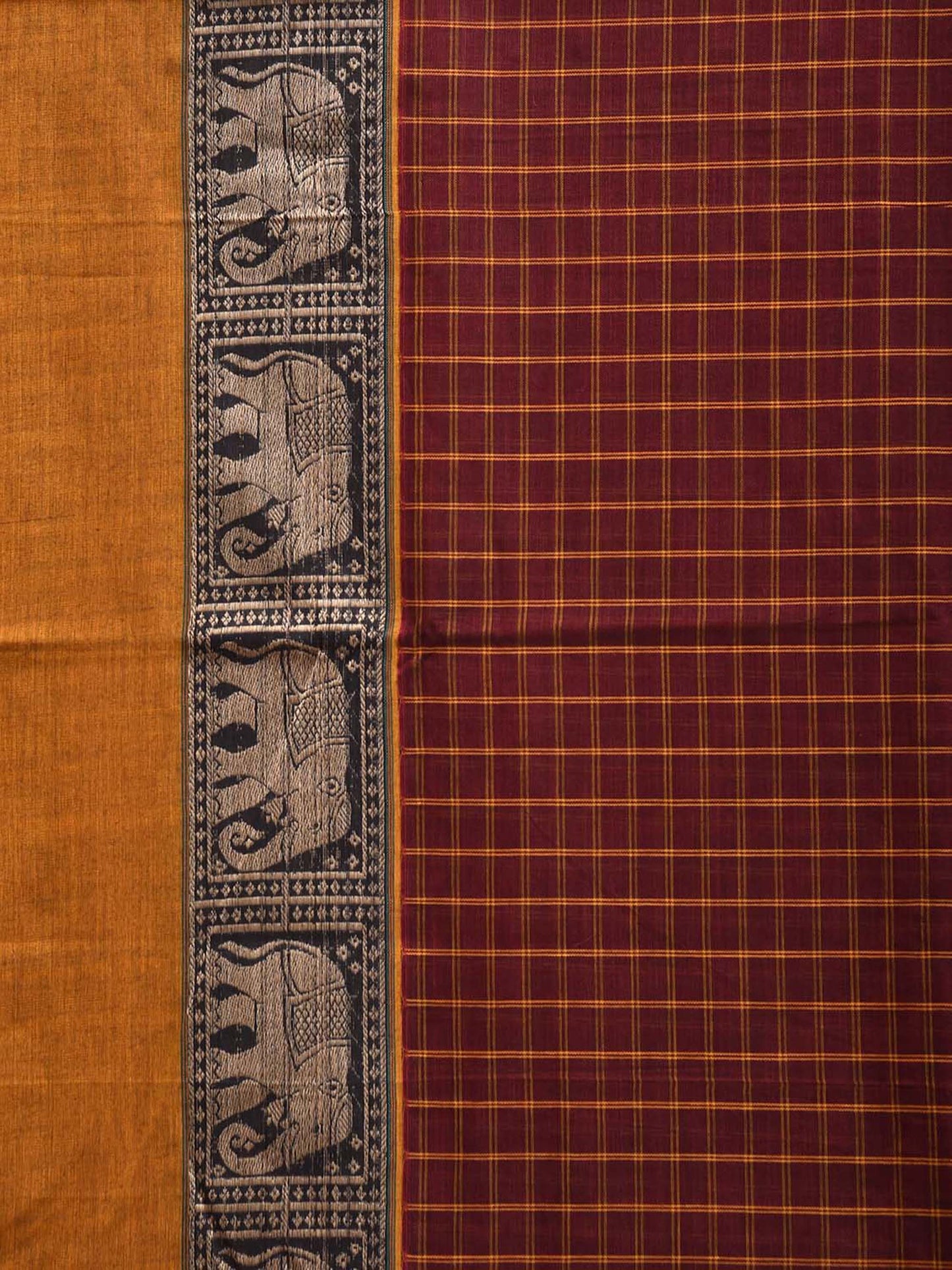 Brown and Yellow Narayanpet Cotton Saree with Checks and Elephant Border Design No Blouse np1493