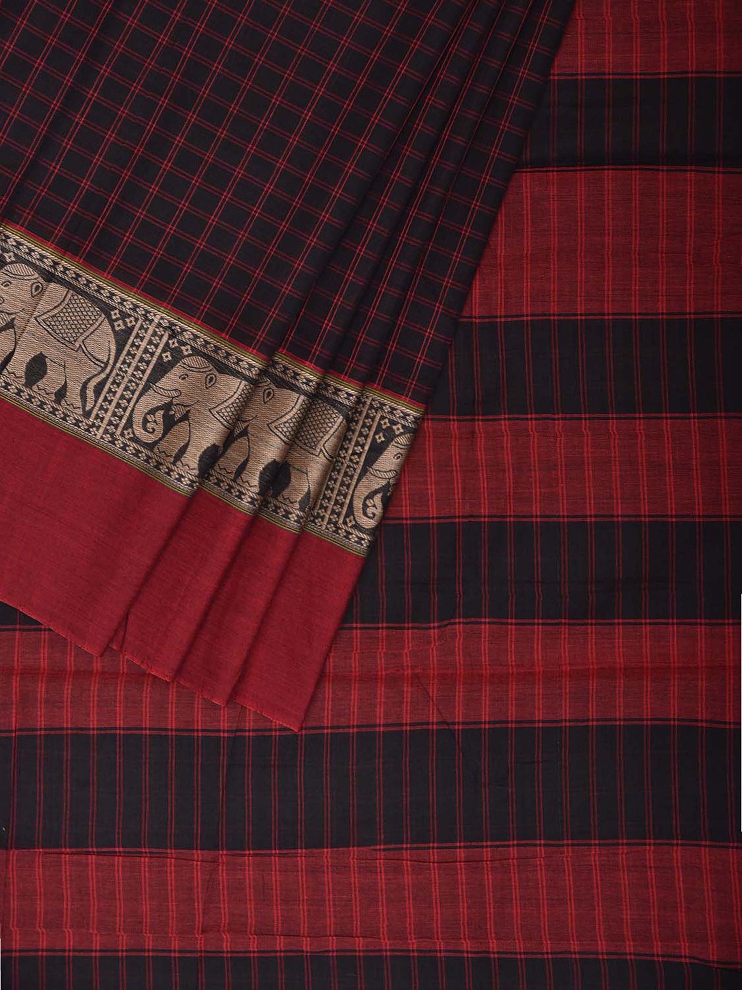 Black and Red Narayanpet Cotton Saree with Checks and Elephant Border Design No Blouse np1494