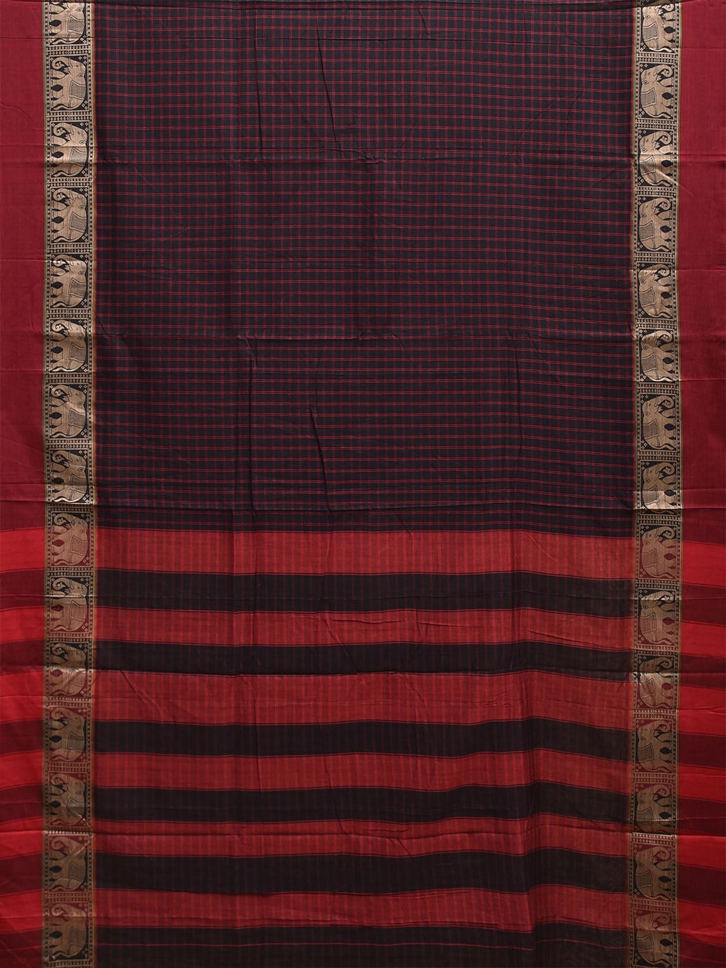 Black and Red Narayanpet Cotton Saree with Checks and Elephant Border Design No Blouse np1494