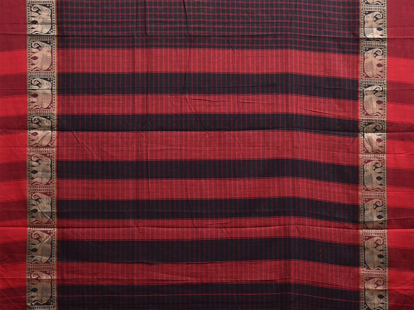 Black and Red Narayanpet Cotton Saree with Checks and Elephant Border Design No Blouse np1494