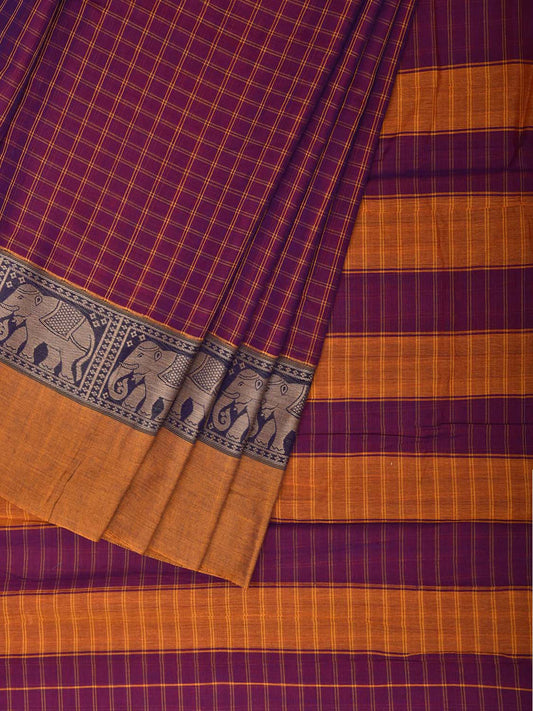 Purple and Yellow Narayanpet Cotton Saree with Checks and Elephant Border Design No Blouse np1495