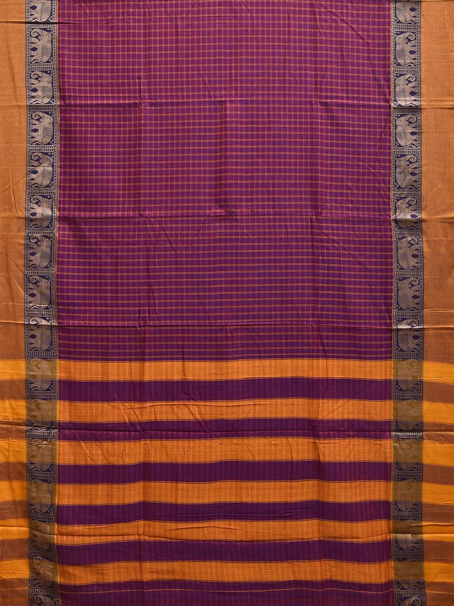 Purple and Yellow Narayanpet Cotton Saree with Checks and Elephant Border Design No Blouse np1495