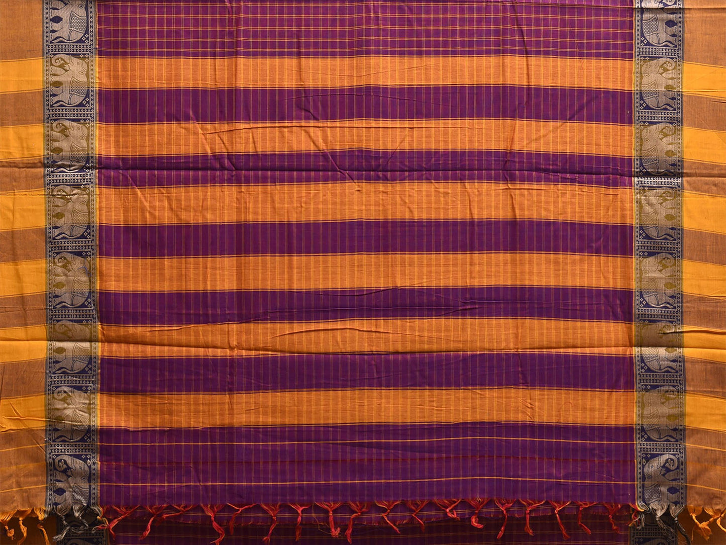 Purple and Yellow Narayanpet Cotton Saree with Checks and Elephant Border Design No Blouse np1495