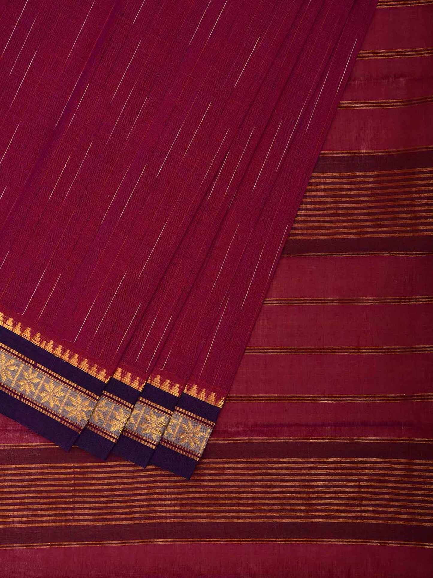 Dark Magenta and Dark Blue Narayanpet Cotton Saree with Strips Pallu Design No Blouse np1496