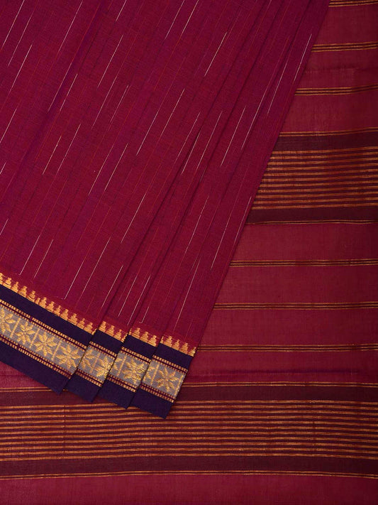 Dark Magenta and Dark Blue Narayanpet Cotton Saree with Strips Pallu Design No Blouse np1496
