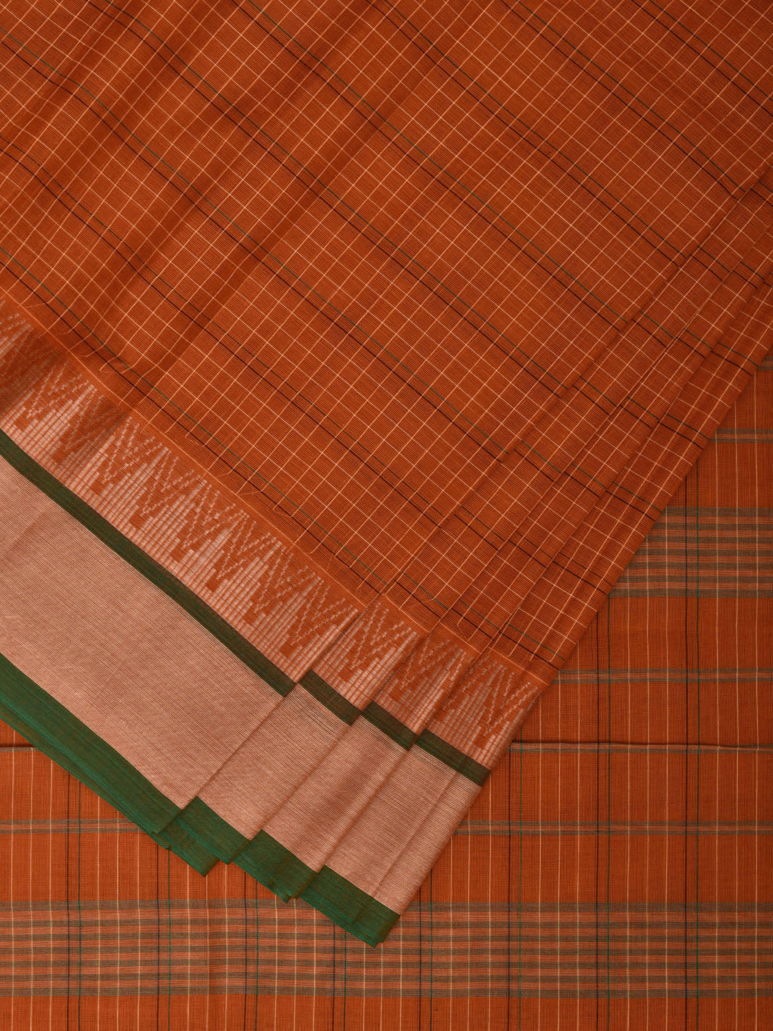 Orange and Green Narayanpet Cotton Saree with Checks and Temple Border Design No Blouse np1498