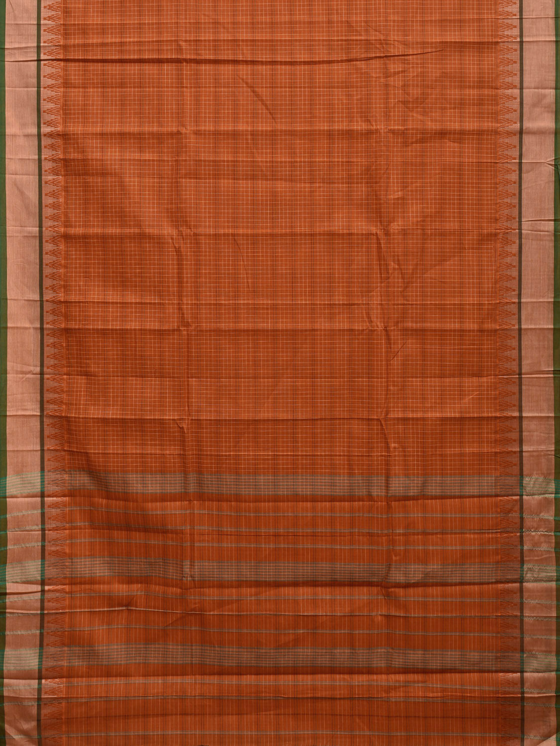 Orange and Green Narayanpet Cotton Saree with Checks and Temple Border Design No Blouse np1498
