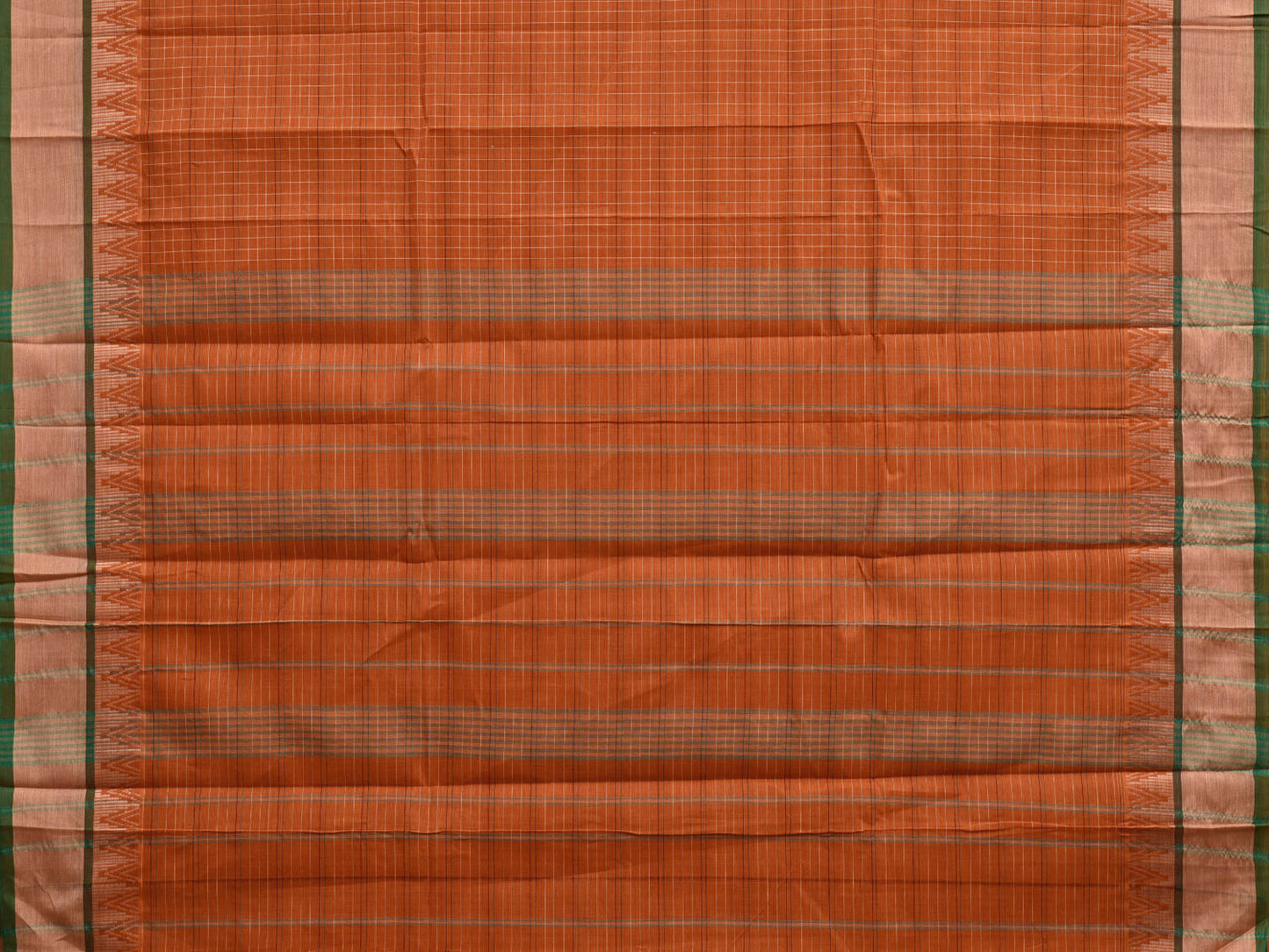 Orange and Green Narayanpet Cotton Saree with Checks and Temple Border Design No Blouse np1498