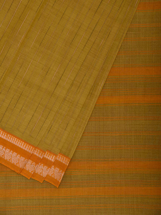 Light Green and Mustard Narayanpet Cotton Saree with Strips Body and Pallu Design No Blouse np1503