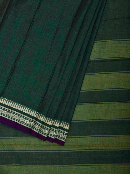 Dark Green and White Narayanpet Cotton Plain Saree with Strips Pallu Design No Blouse np1504