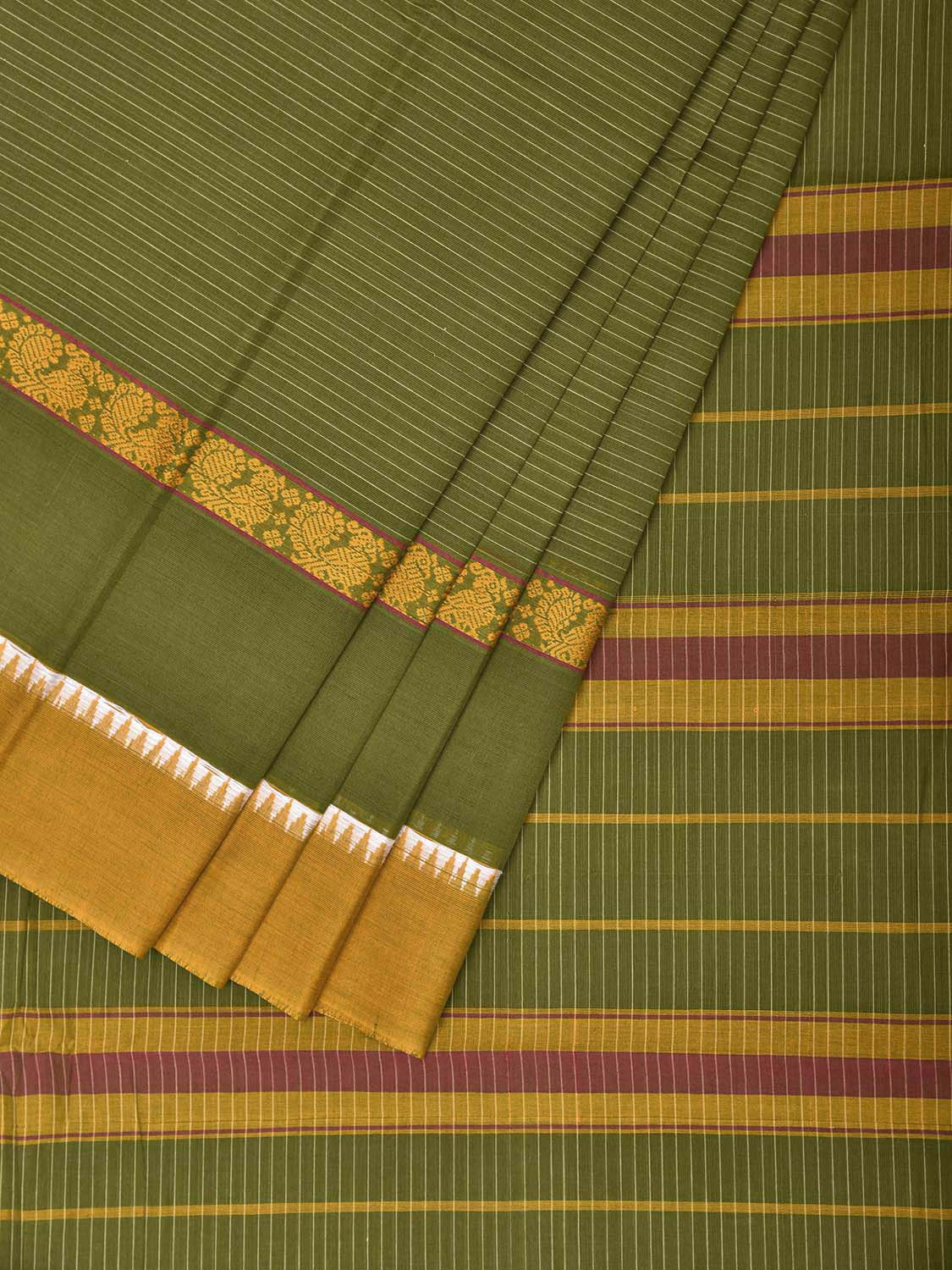 Green and Yellow Narayanpet Cotton Saree with Strips and Big Border Design No Blouse np1505