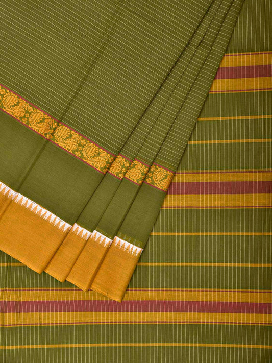 Green and Yellow Narayanpet Cotton Saree with Strips and Big Border Design No Blouse np1505