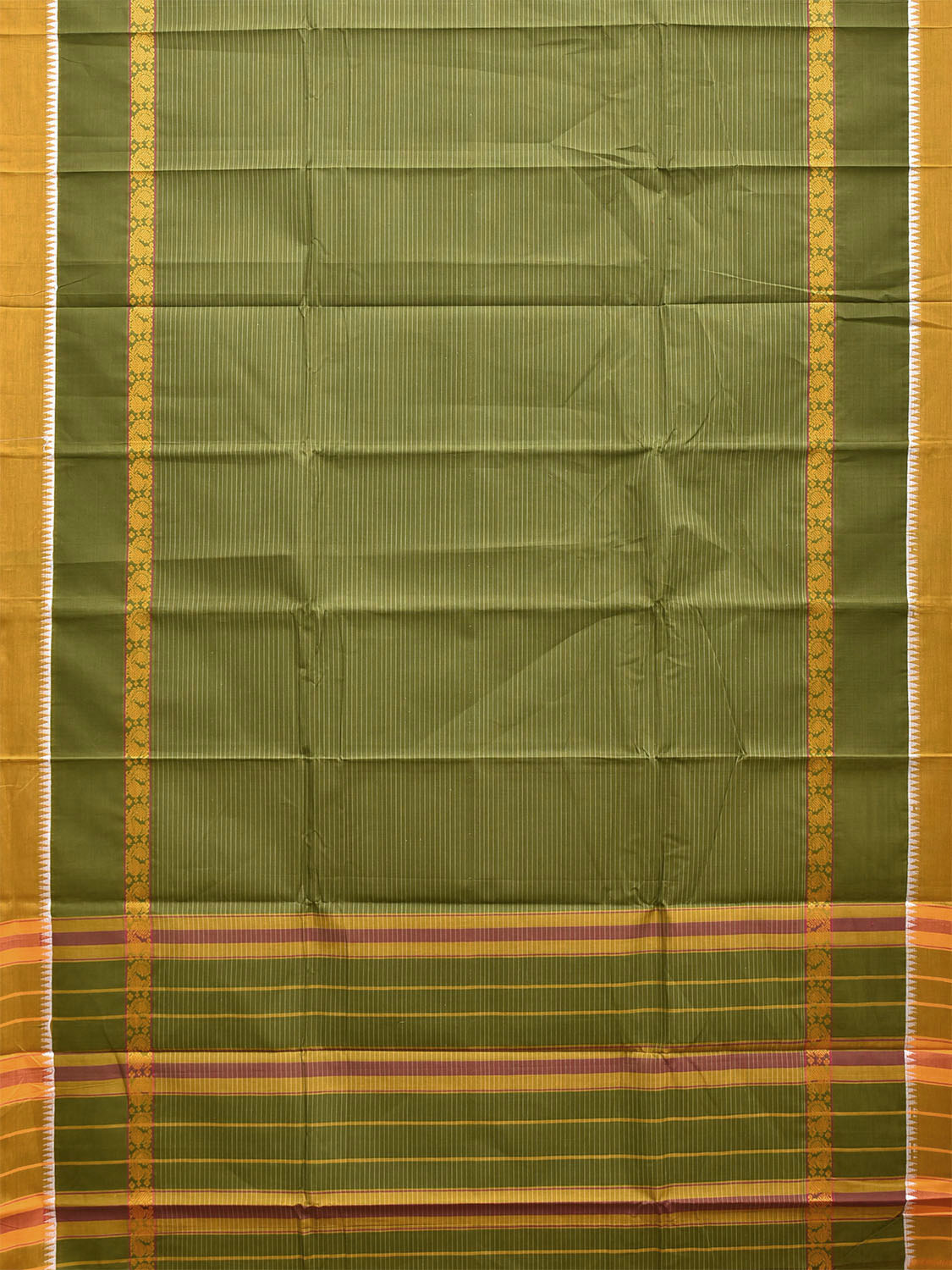 Green and Yellow Narayanpet Cotton Saree with Strips and Big Border Design No Blouse np1505