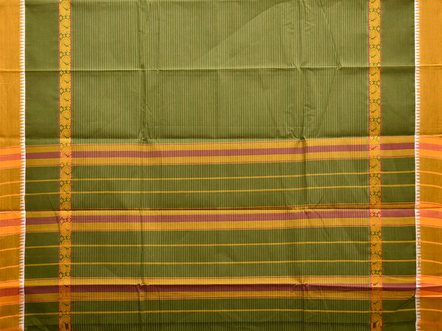 Green and Yellow Narayanpet Cotton Saree with Strips and Big Border Design No Blouse np1505