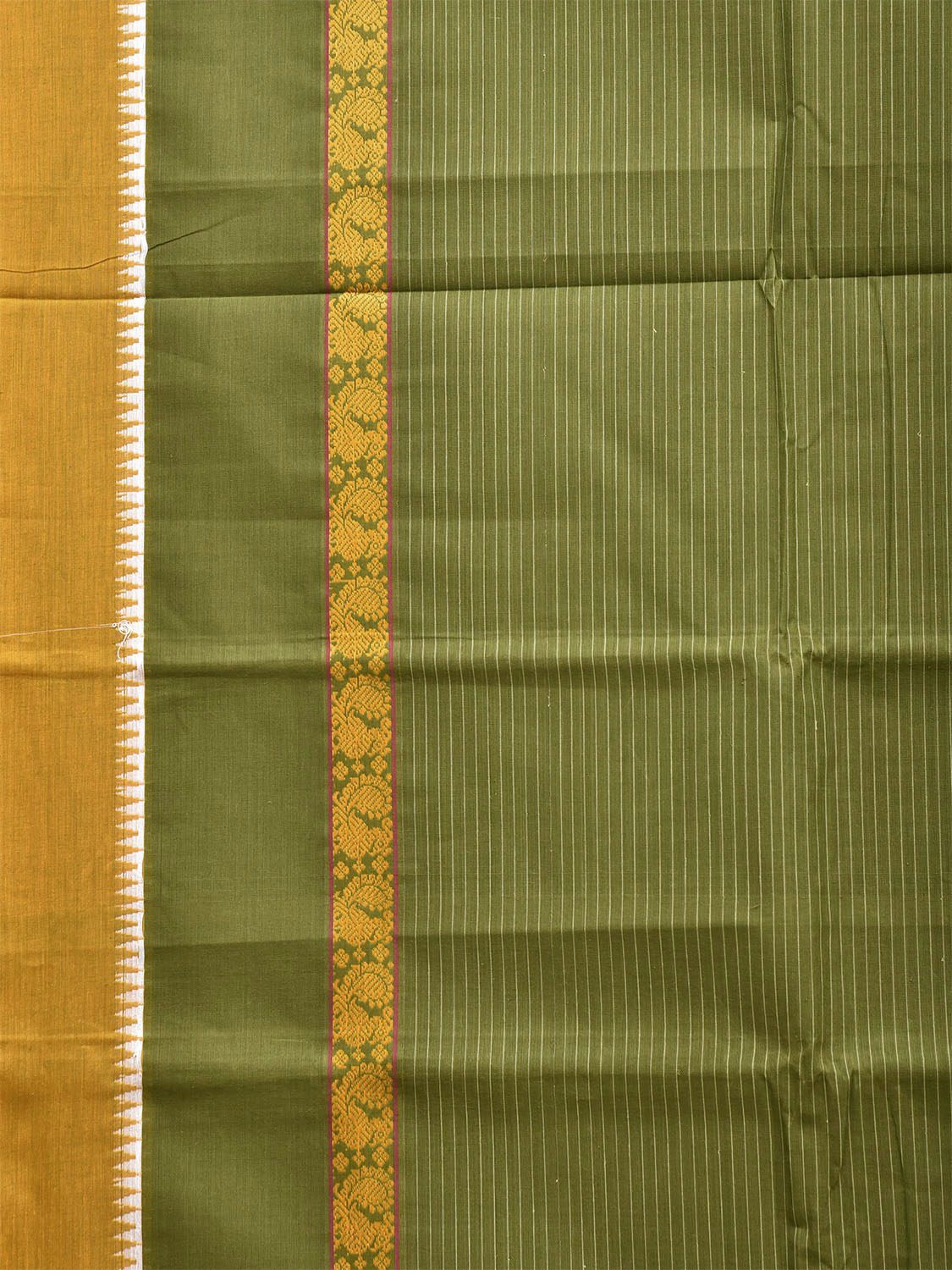 Green and Yellow Narayanpet Cotton Saree with Strips and Big Border Design No Blouse np1505