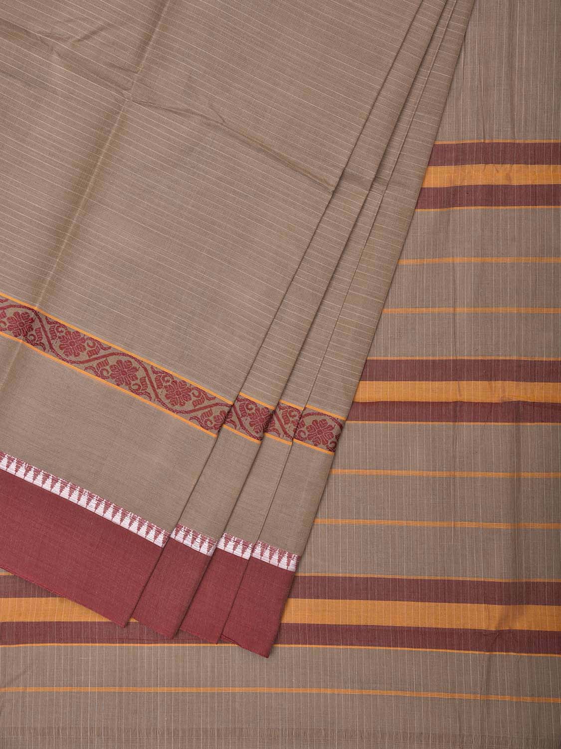 Light Fawn and Dark Red Narayanpet Cotton Saree with Strips and Big Border Design No Blouse np1506