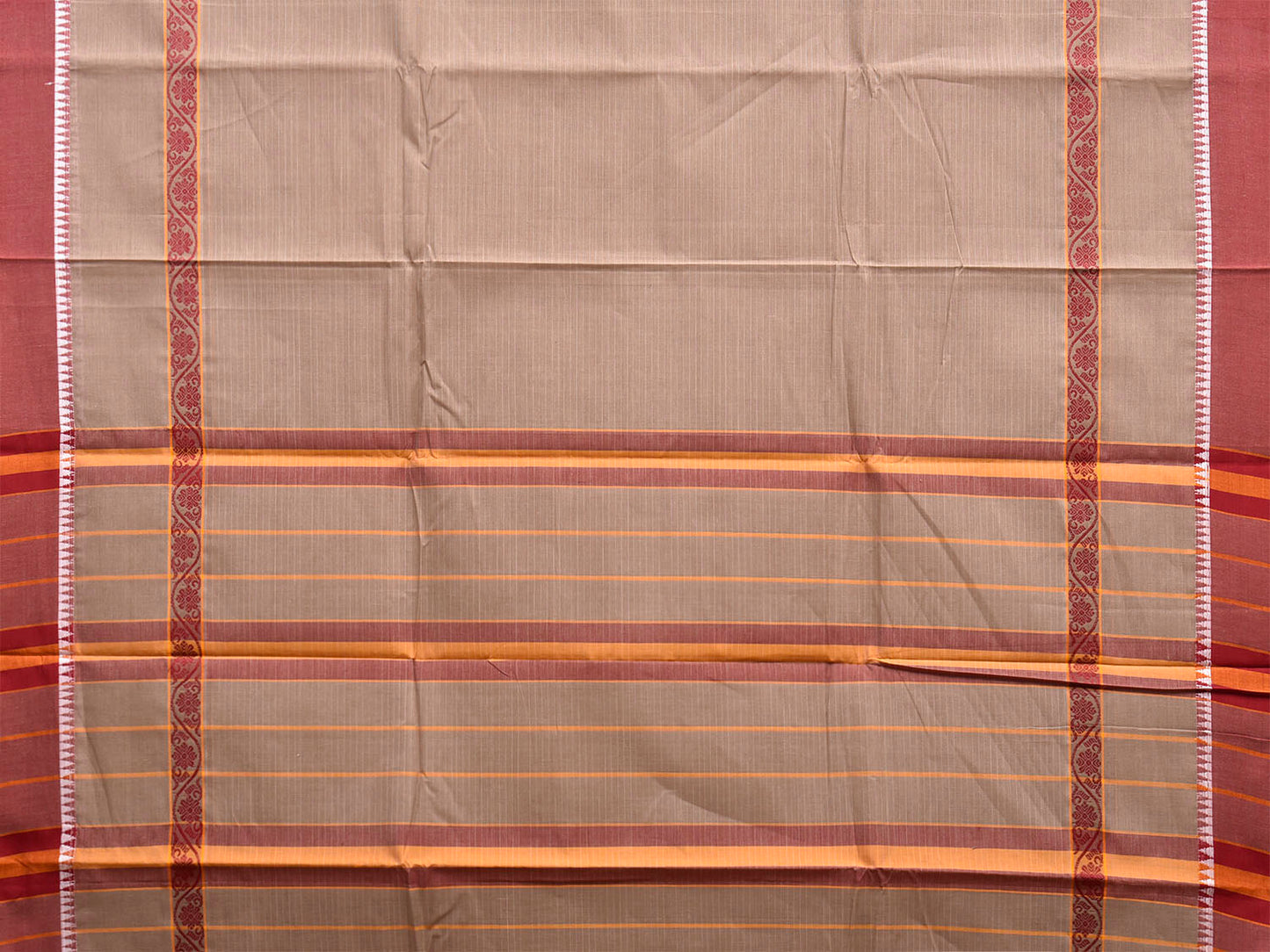 Light Fawn and Dark Red Narayanpet Cotton Saree with Strips and Big Border Design No Blouse np1506