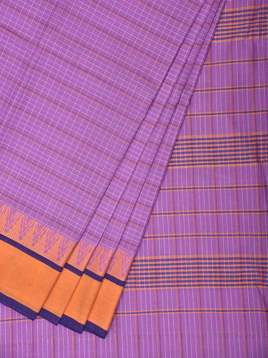 Lavender and Yellow Narayanpet Cotton Saree with Checks and Temple Border Design No Blouse np1508