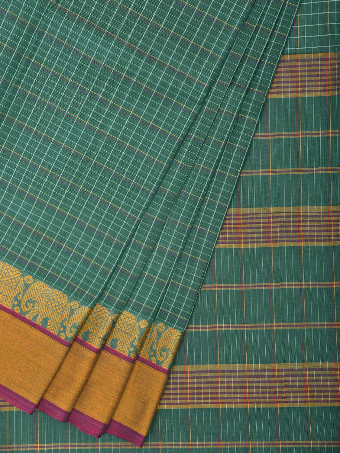 Green and Yellow Narayanpet Cotton Saree with Checks and Elephant Border Design No Blouse np1509