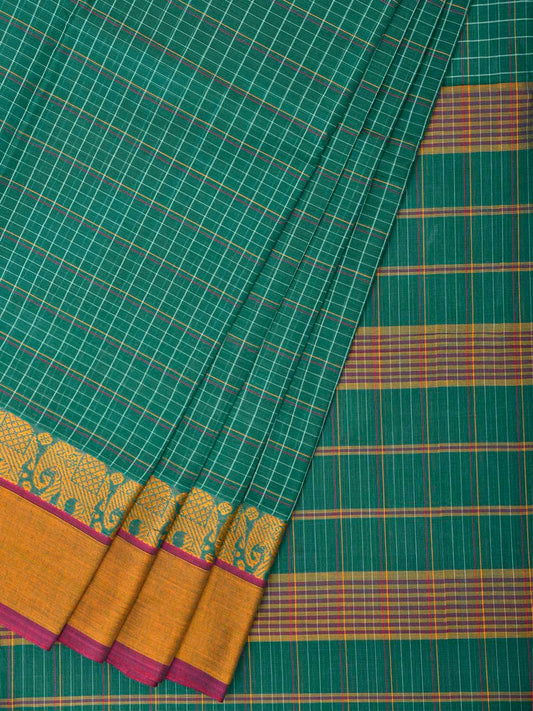Green and Yellow Narayanpet Cotton Saree with Checks and Elephant Border Design No Blouse np1509