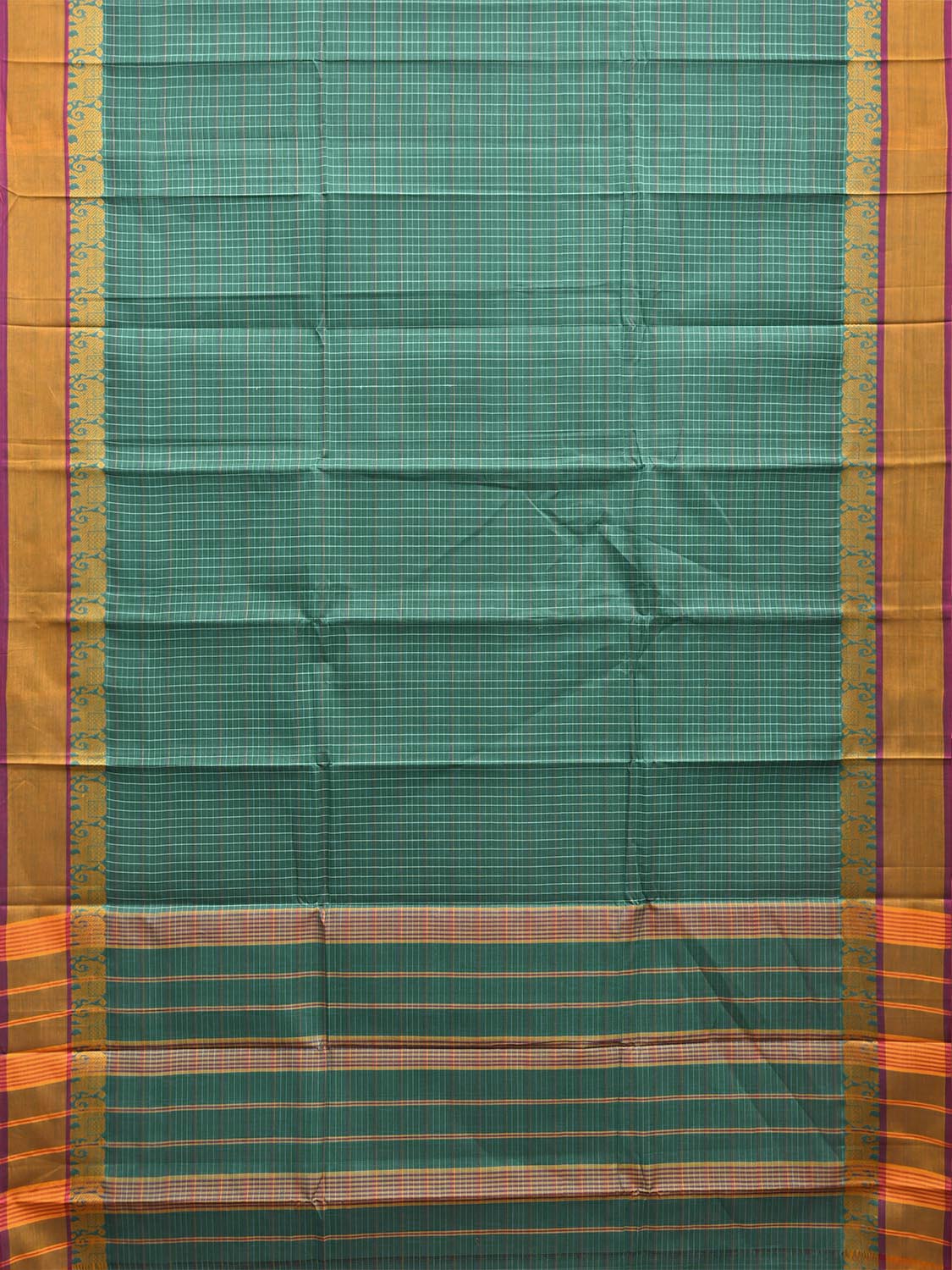 Green and Yellow Narayanpet Cotton Saree with Checks and Elephant Border Design No Blouse np1509