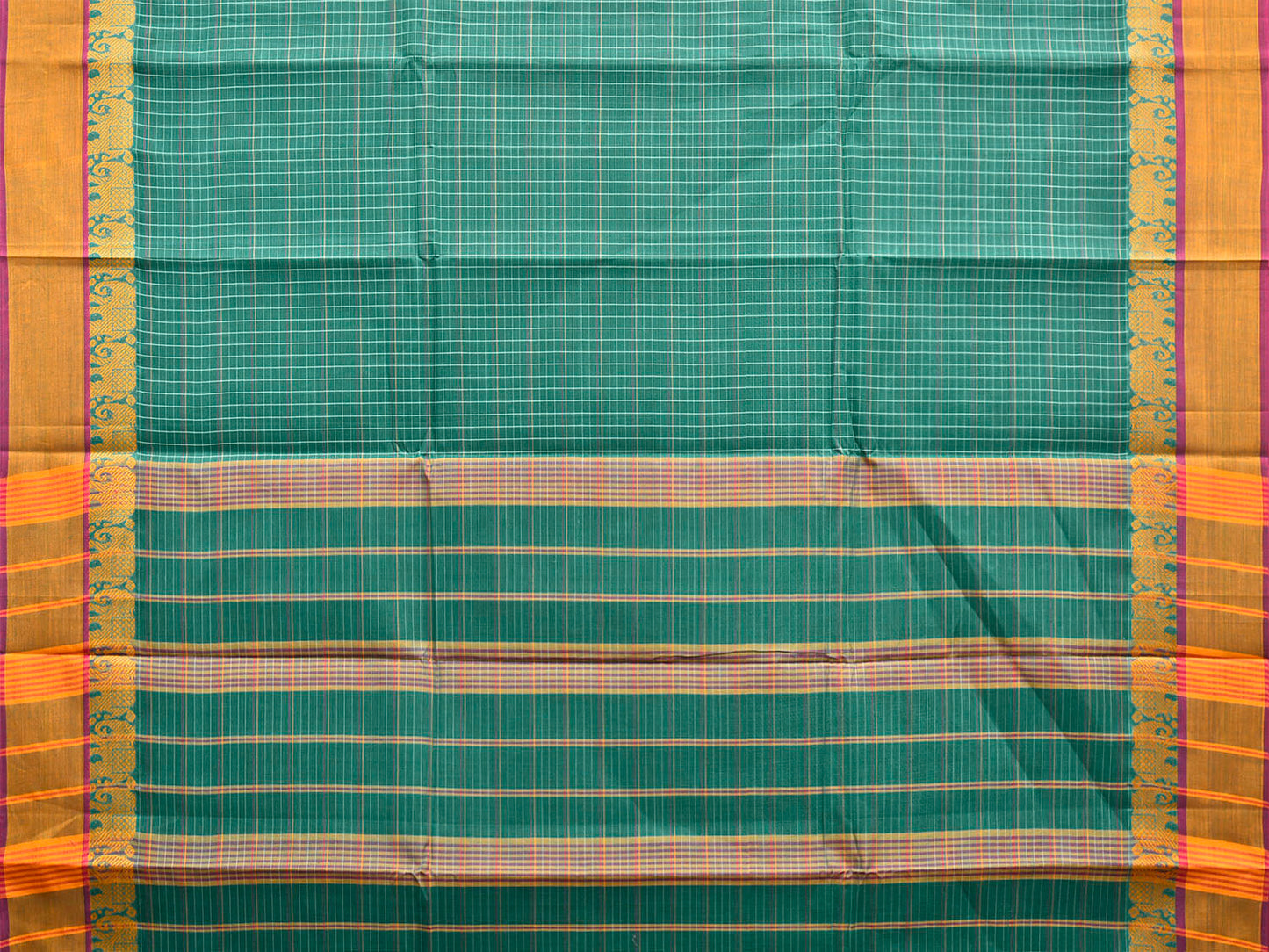 Green and Yellow Narayanpet Cotton Saree with Checks and Elephant Border Design No Blouse np1509