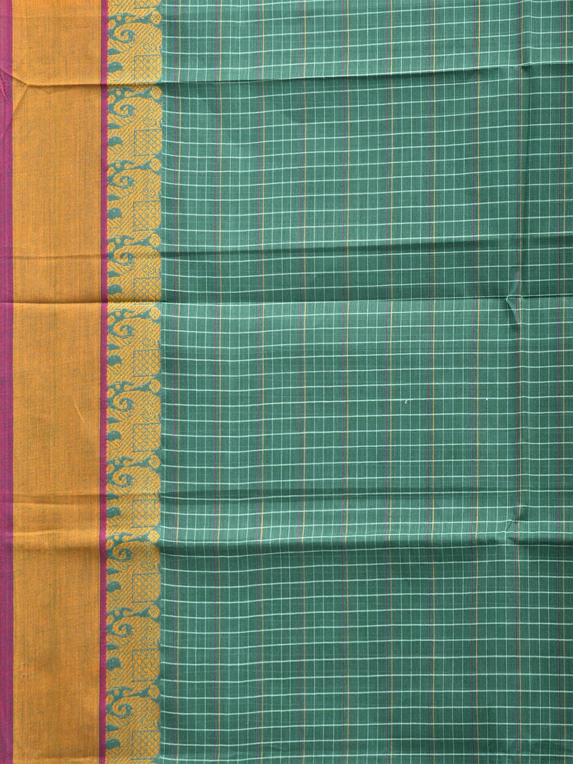 Green and Yellow Narayanpet Cotton Saree with Checks and Elephant Border Design No Blouse np1509