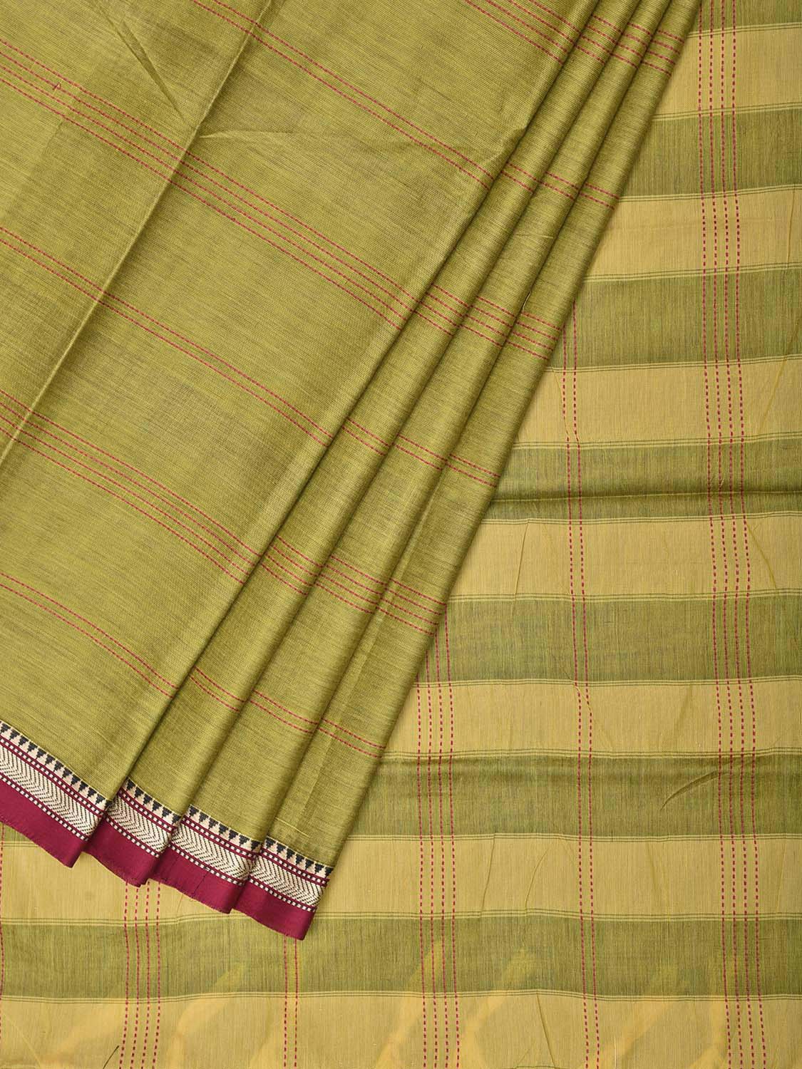 Light Green and Maroon Narayanpet Cotton Saree with Strips Body and Pallu Design No Blouse np1510