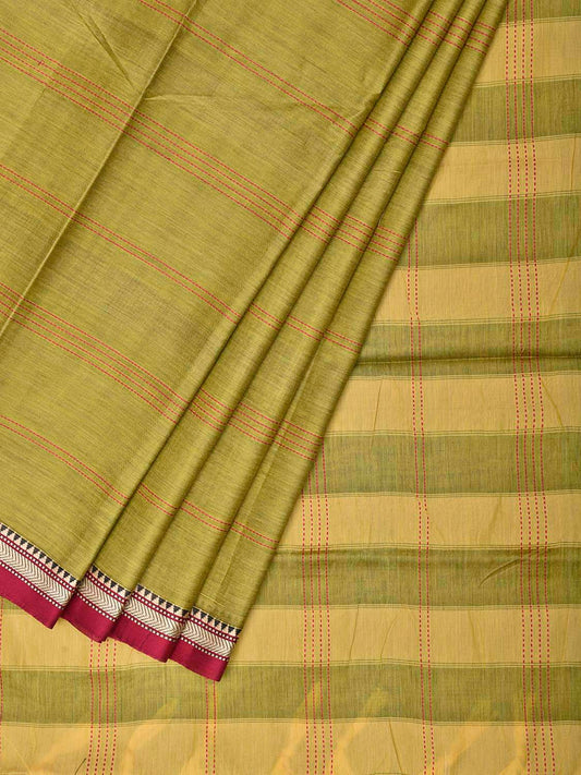 Light Green and Maroon Narayanpet Cotton Saree with Strips Body and Pallu Design No Blouse np1510