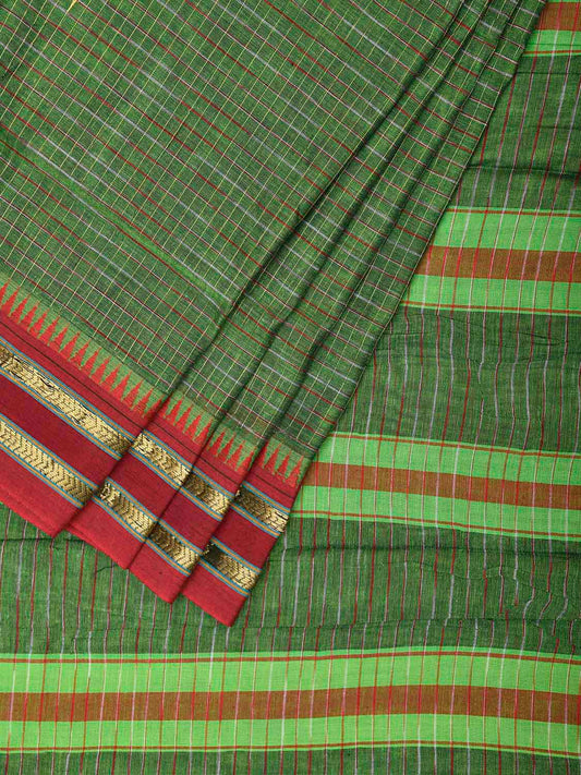 Green and Red Narayanpet Cotton Saree with Strips Body and Pallu Design No Blouse np1511