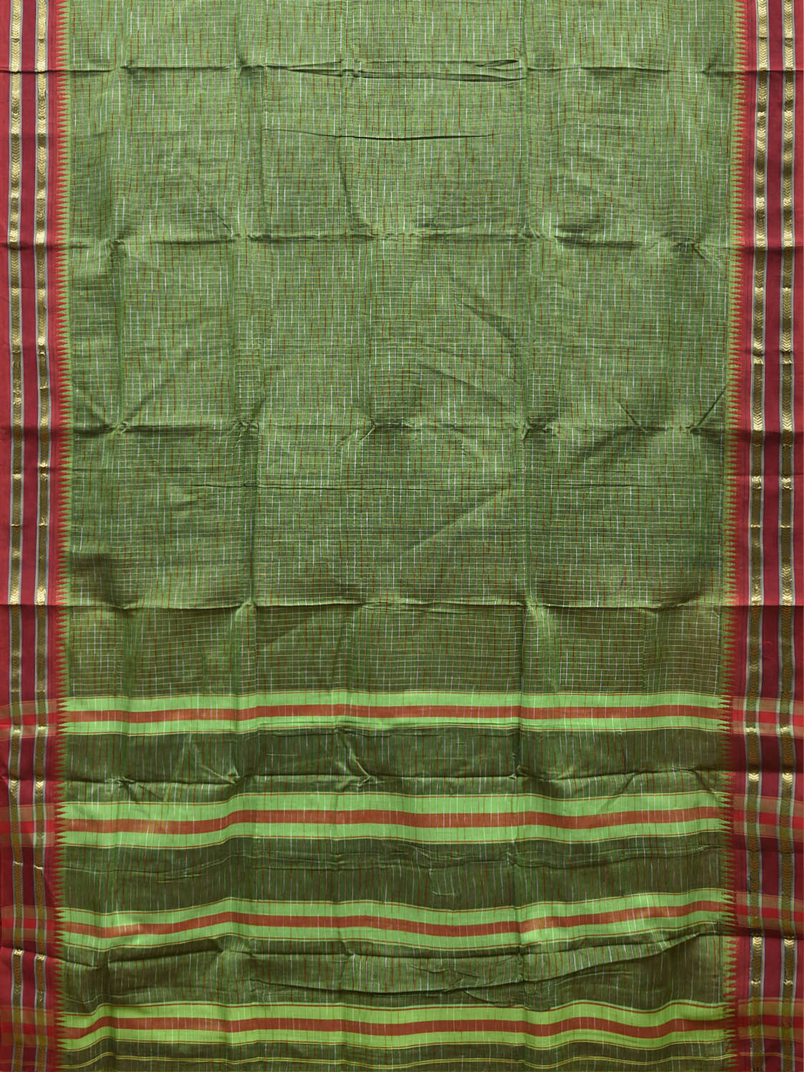 Green and Red Narayanpet Cotton Saree with Strips Body and Pallu Design No Blouse np1511