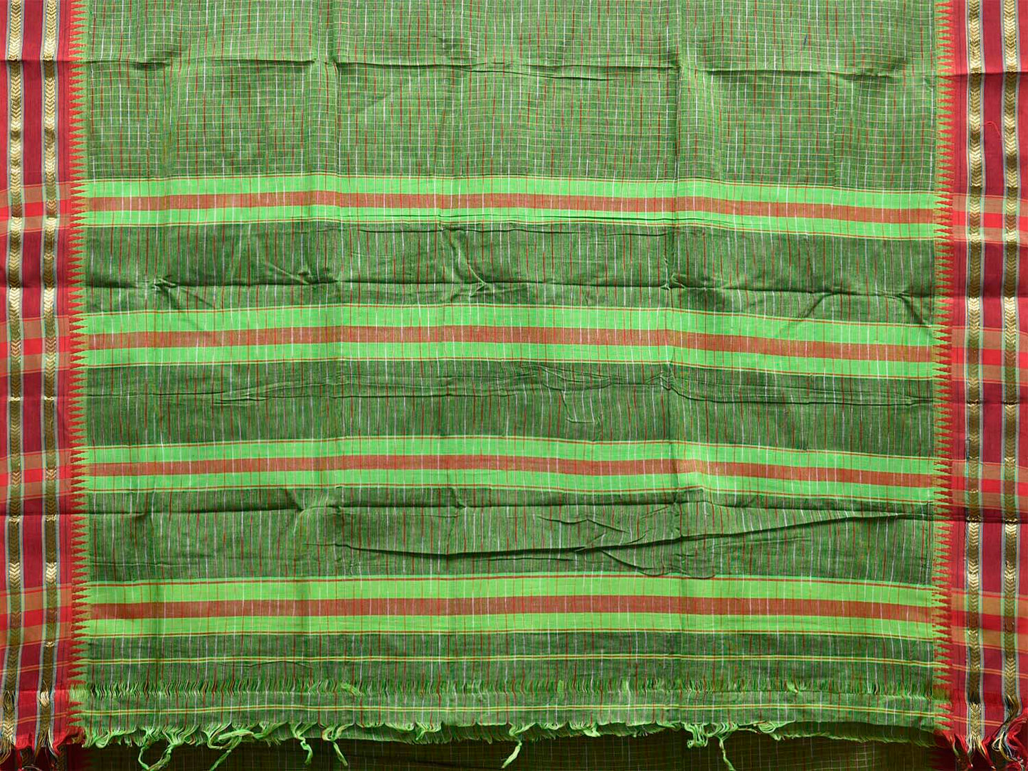 Green and Red Narayanpet Cotton Saree with Strips Body and Pallu Design No Blouse np1511