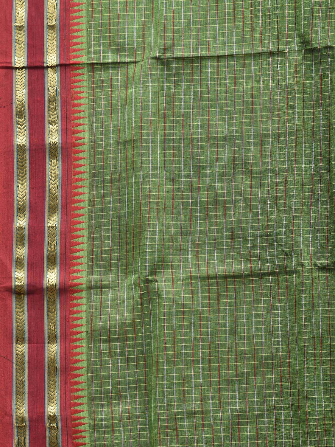 Green and Red Narayanpet Cotton Saree with Strips Body and Pallu Design No Blouse np1511