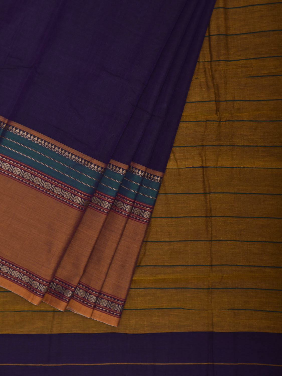 Indigo and Yellow Narayanpet Cotton Plain Saree with Strips Pallu and Border Design No Blouse np1513