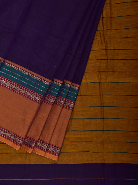 Indigo and Yellow Narayanpet Cotton Plain Saree with Strips Pallu and Border Design No Blouse np1513