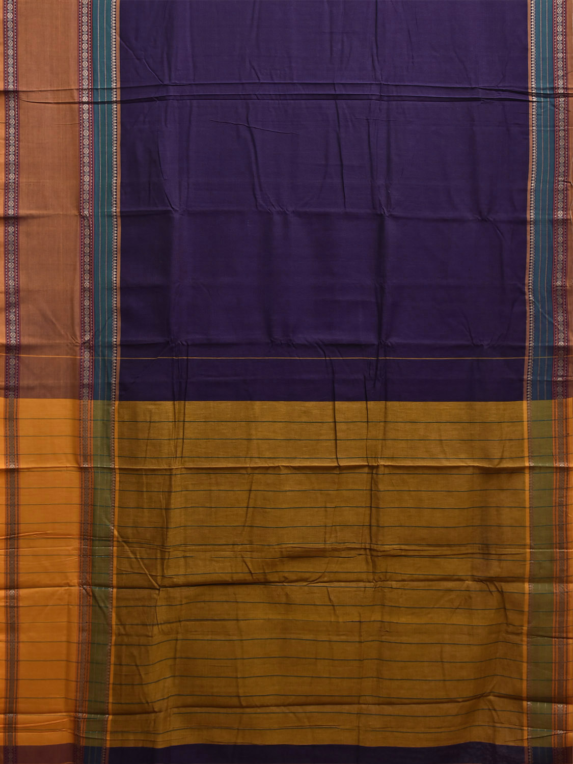 Indigo and Yellow Narayanpet Cotton Plain Saree with Strips Pallu and Border Design No Blouse np1513