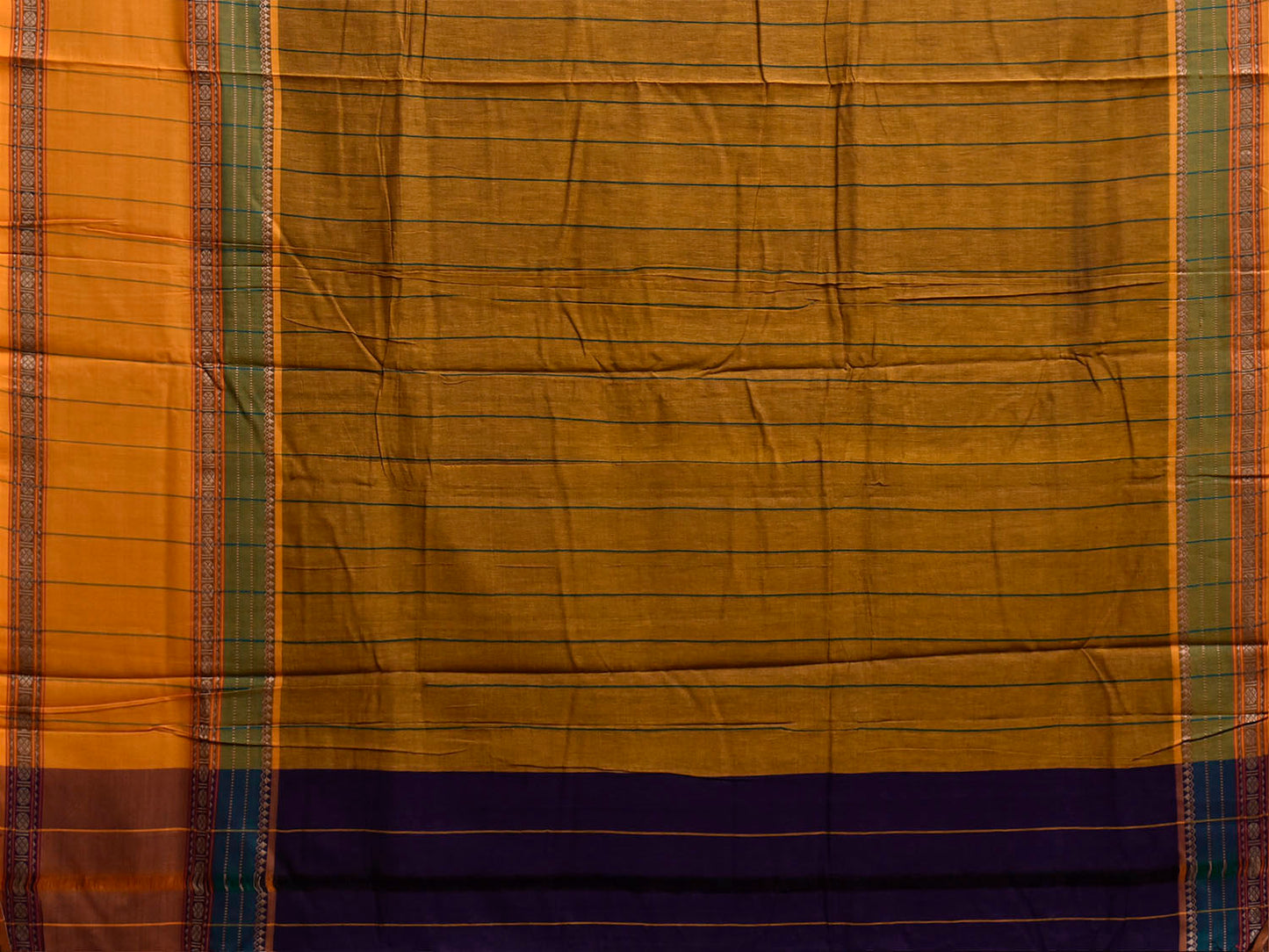 Indigo and Yellow Narayanpet Cotton Plain Saree with Strips Pallu and Border Design No Blouse np1513
