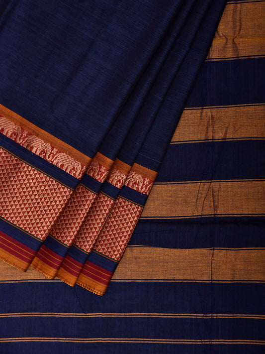 Navy and Light Yellow Narayanpet Cotton Plain Saree with Strips Pallu and Border Design No Blouse np1514
