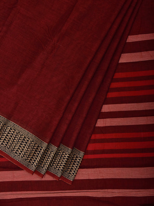 Maroon Narayanpet Cotton Plain Saree with Strips Pallu and Border Design No Blouse np1515
