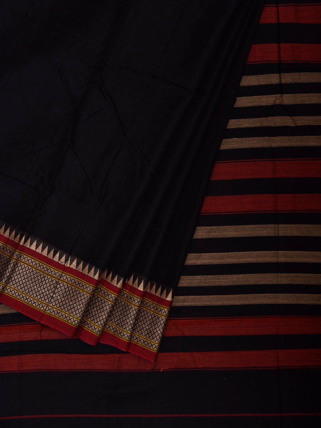Black Narayanpet Cotton Plain Saree with Strips Pallu and Border Design No Blouse np1516