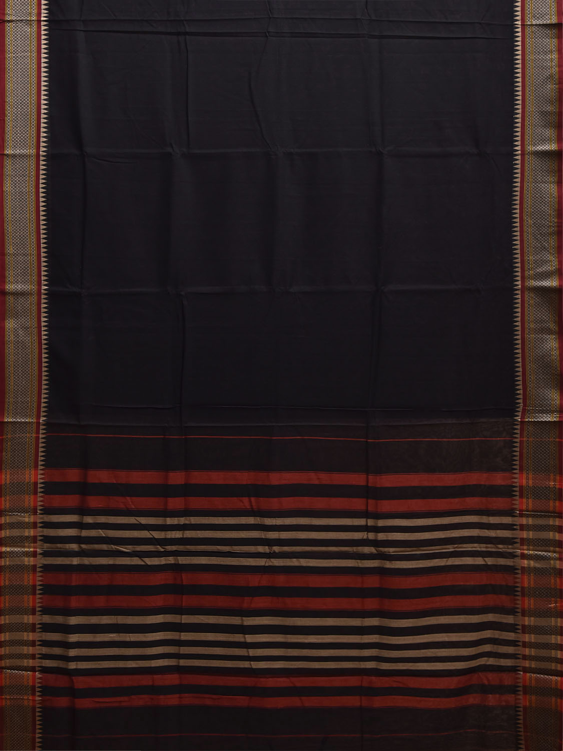 Black Narayanpet Cotton Plain Saree with Strips Pallu and Border Design No Blouse np1516