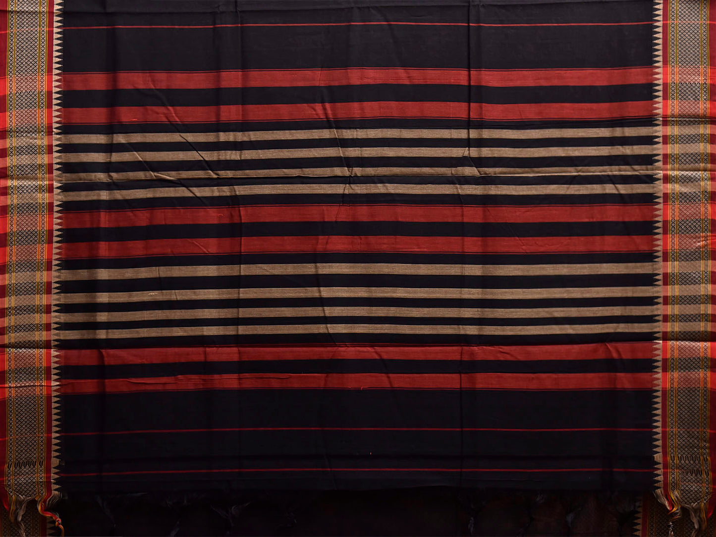 Black Narayanpet Cotton Plain Saree with Strips Pallu and Border Design No Blouse np1516